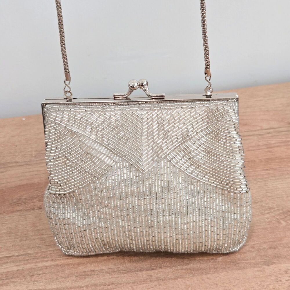 Vintage MAGID Beaded Evening Purse Clutch Silver Kiss Lock Chain Handmade Macau - Picture 3 of 9
